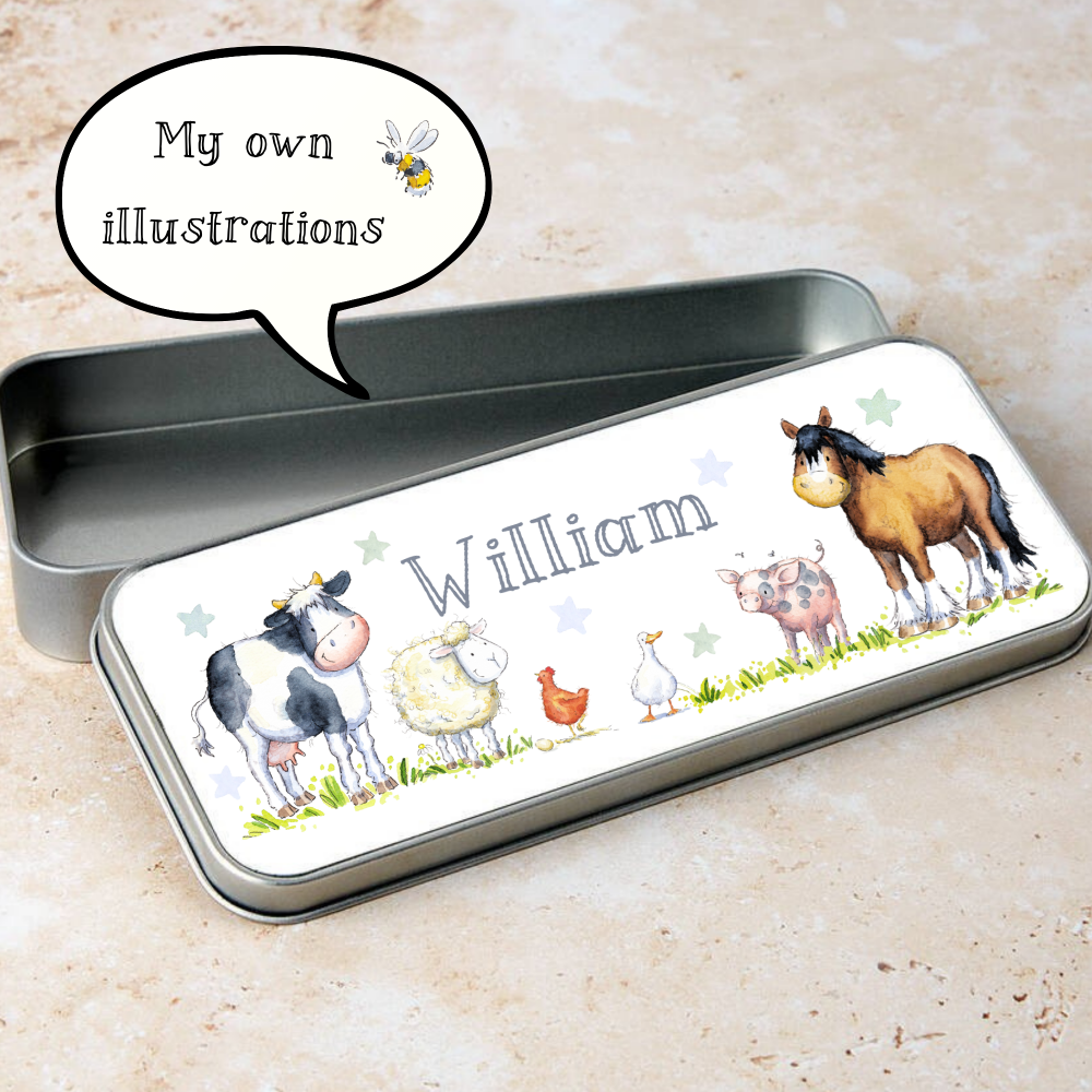 Personalised Farm Animal Pencil Tin – Custom Name Countryside Gift for Kids