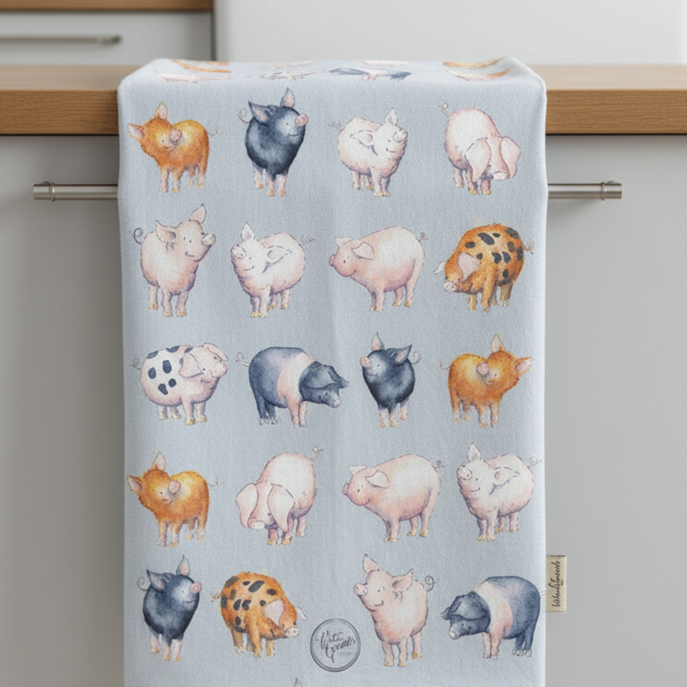 Pig Tea Towel – Farm Animal Kitchen Towel by Kate Garrett – Country Farmhouse Gift – Watercolour Pig Illustration