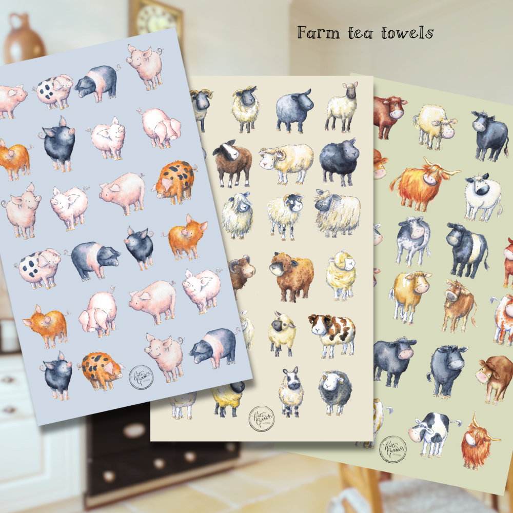 Farm Tea Towel Set – Pigs, Sheep & Cows – Country Kitchen Gift – Watercolour Farm Animal Collection by Kate Garrett