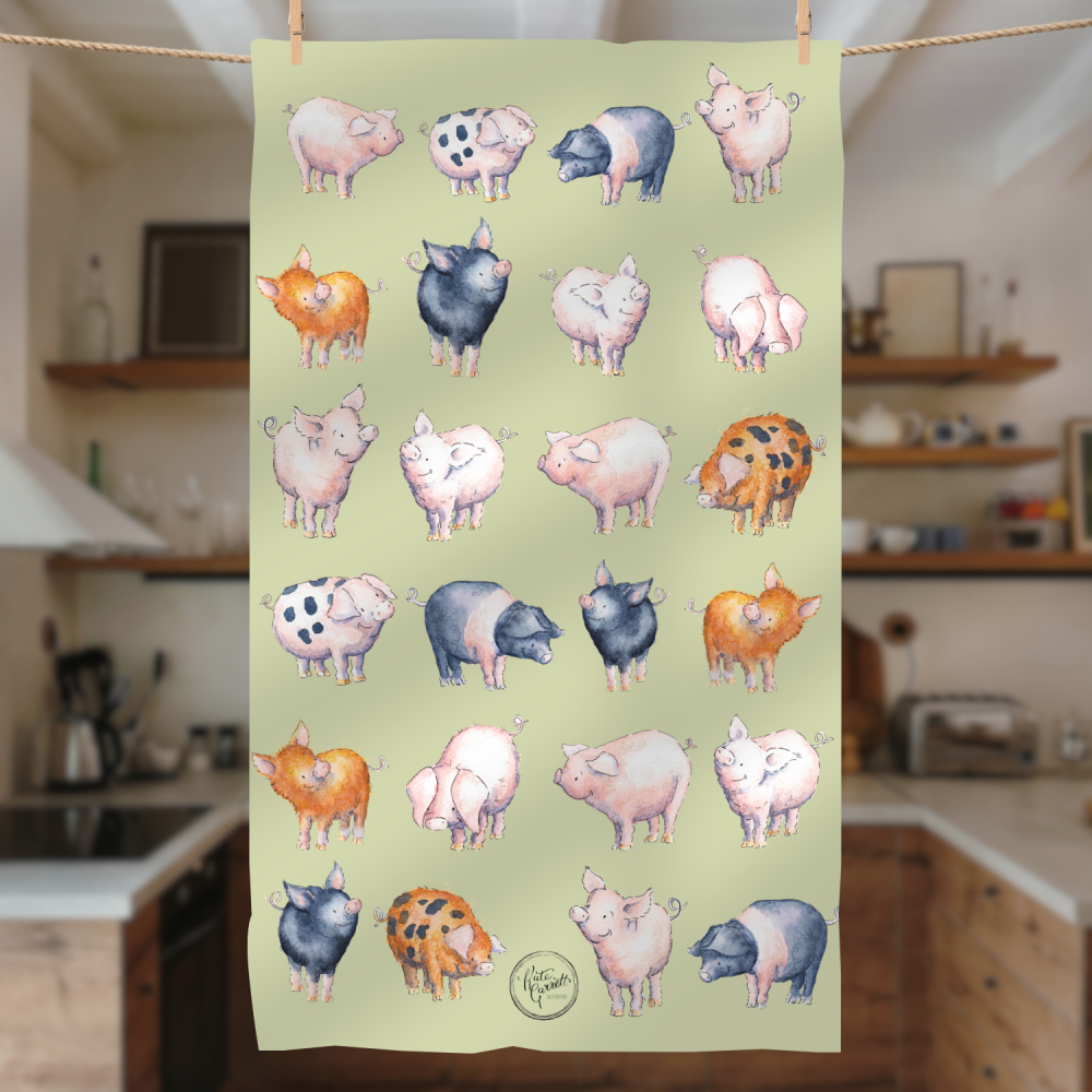 Pig Tea Towel – Farm Animal Kitchen Towel by Kate Garrett – Country Farmhouse Gift – Watercolour Pig Illustration