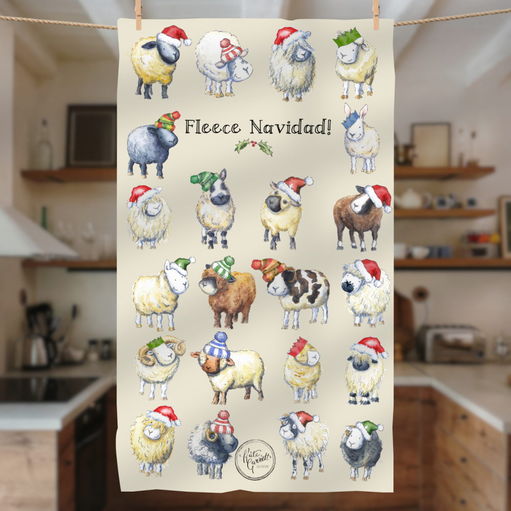 Fleece Navidad Sheep Tea Towel – Funny Farm Christmas Gift – Watercolour Sheep by Kate Garrett