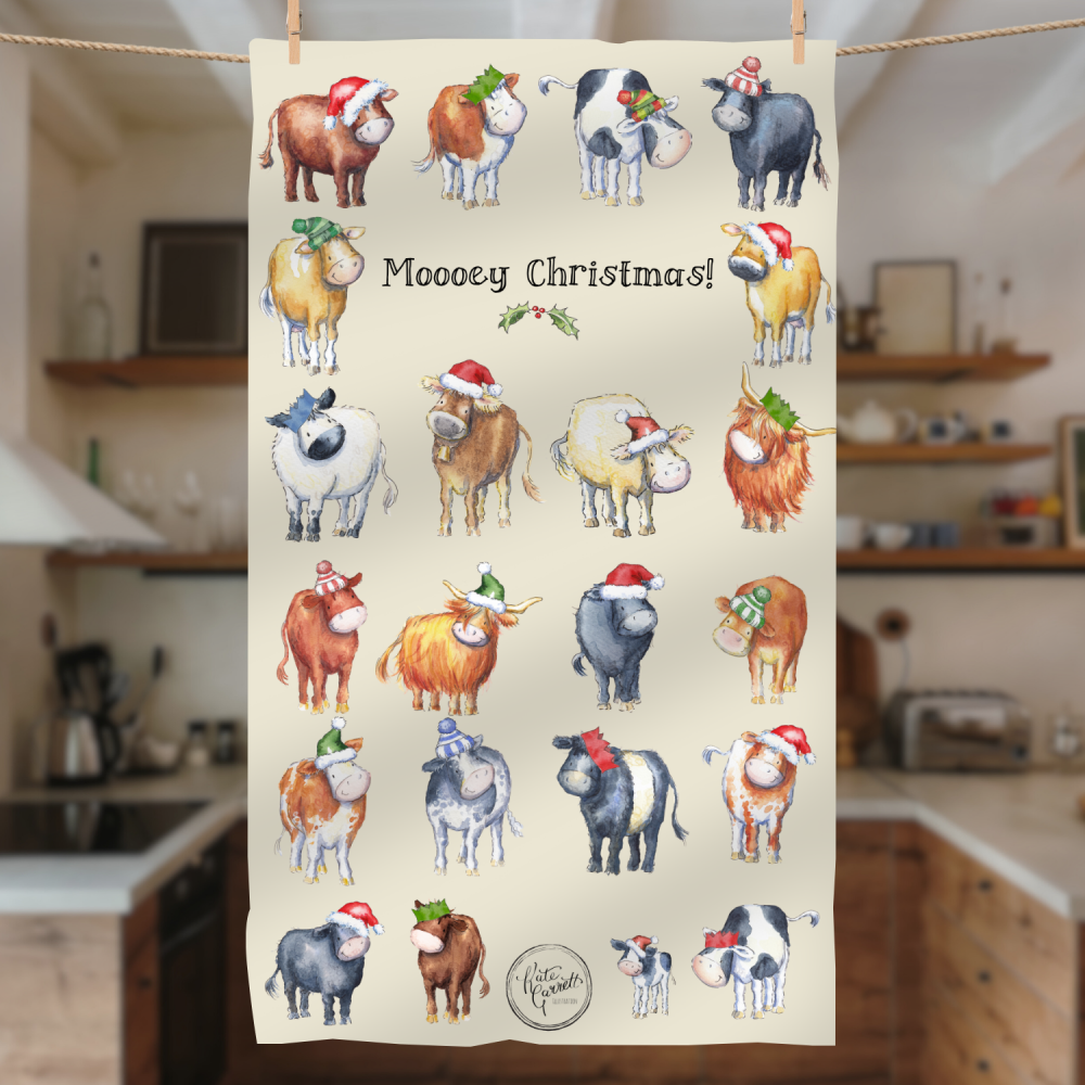 Moo-oey Christmas Cow Tea Towel – Farm Animal Christmas Gift – Watercolour Cow Art by Kate Garrett