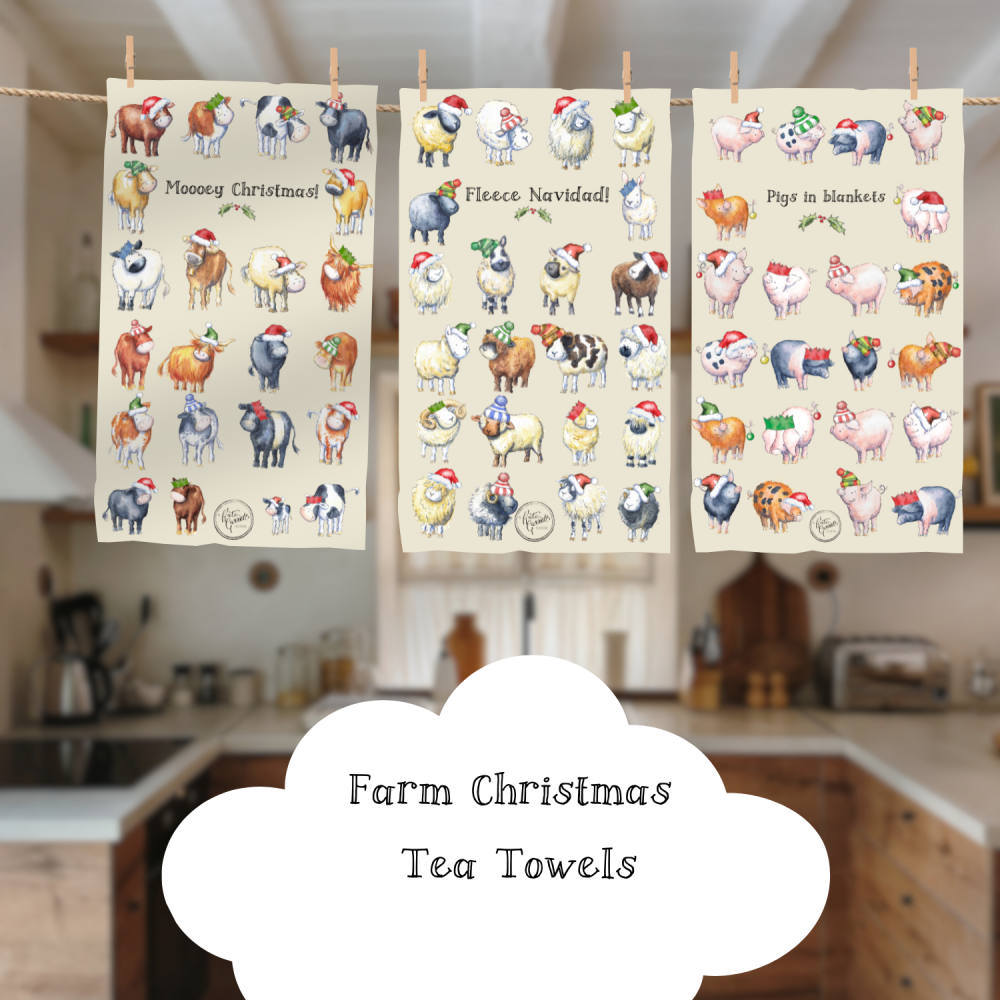 Pigs in Blankets Christmas Tea Towel – Cute Farm Pig Illustration by Kate Garrett – Festive Kitchen Gift