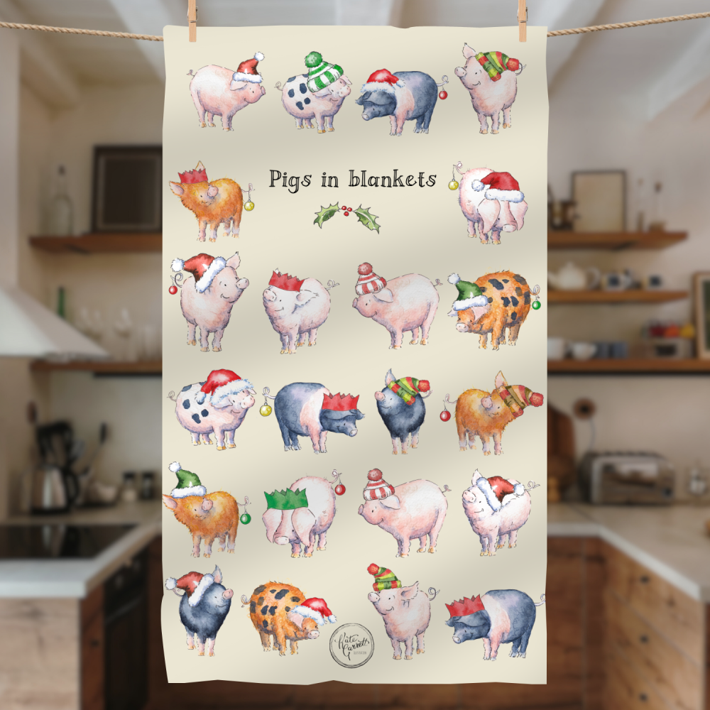 Pigs in Blankets Christmas Tea Towel – Cute Farm Pig Illustration by Kate Garrett – Festive Kitchen Gift
