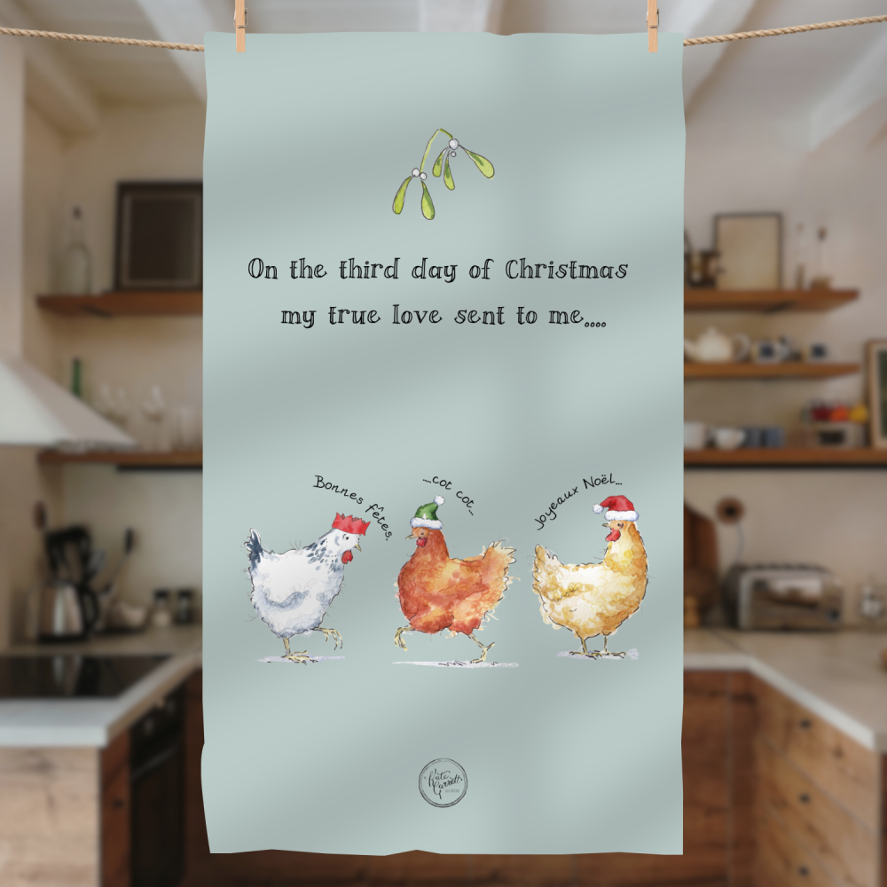 Three French Hens Christmas Tea Towel – Duck Egg Blue