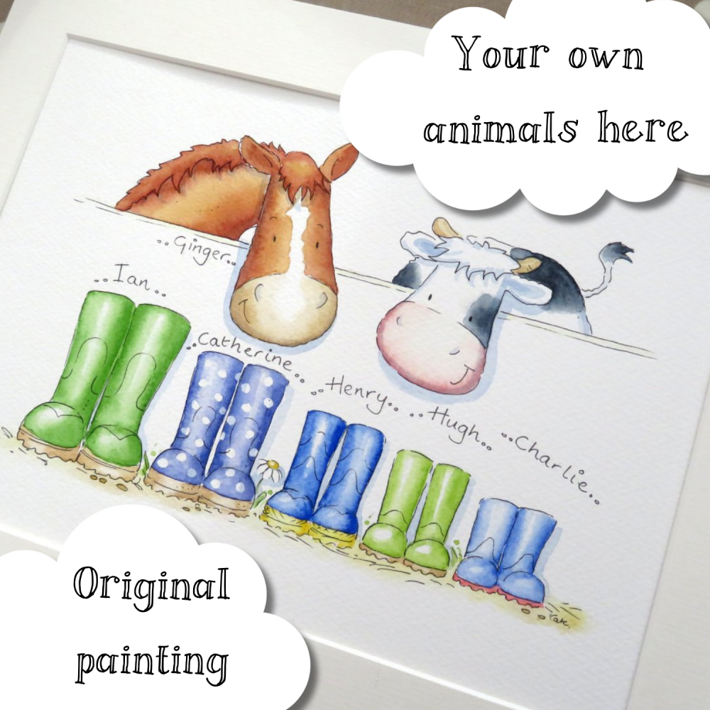 Wellies family portrait with pets  - UNFRAMED - Welly picture