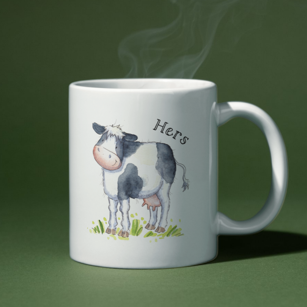 His and Hers Cow Mugs – Pair of Farm Animal Couple Mugs – Watercolour Cow Design by Kate Garrett