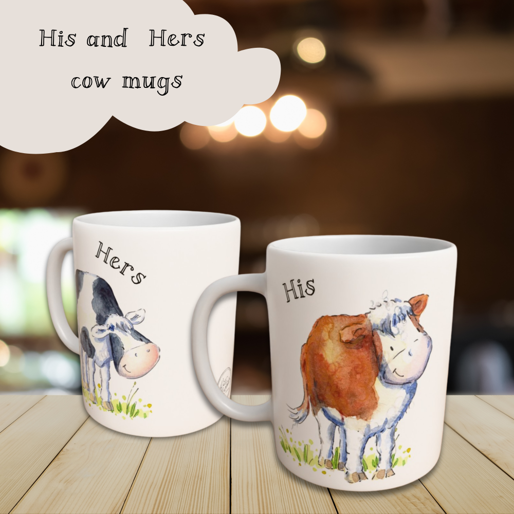 His and Hers Cow Mugs – Pair of Farm Animal Couple Mugs – Watercolour Cow Design by Kate Garrett