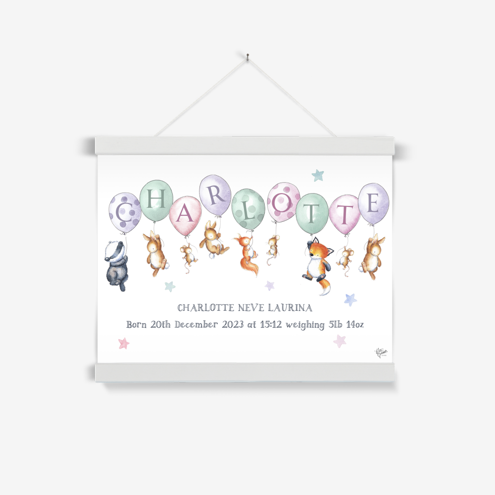 Woodland Balloon Name Print – Personalised Baby Birth Print with Wooden Hanger