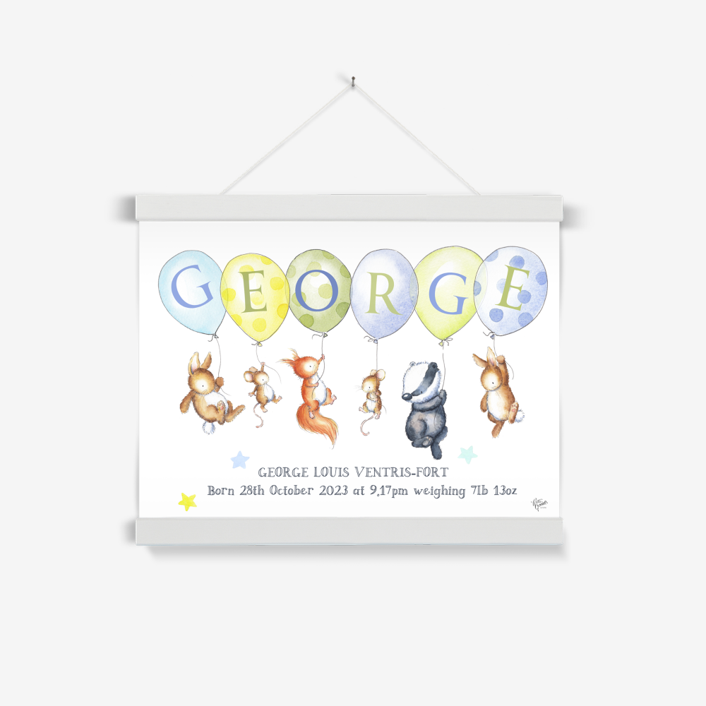 Woodland Balloon Name Print – Personalised Baby Birth Print with Wooden Hanger
