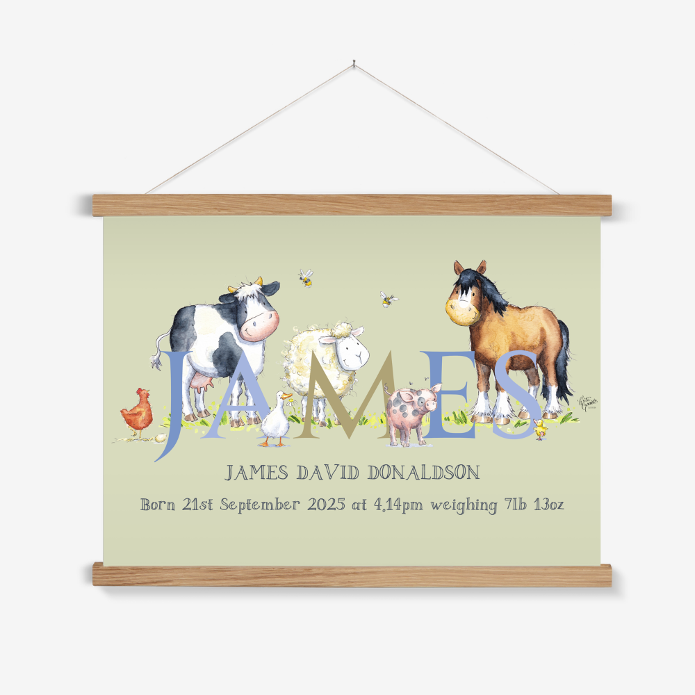 Personalised Farm Animal Name Print – Giclée Canvas with Wooden Hanger