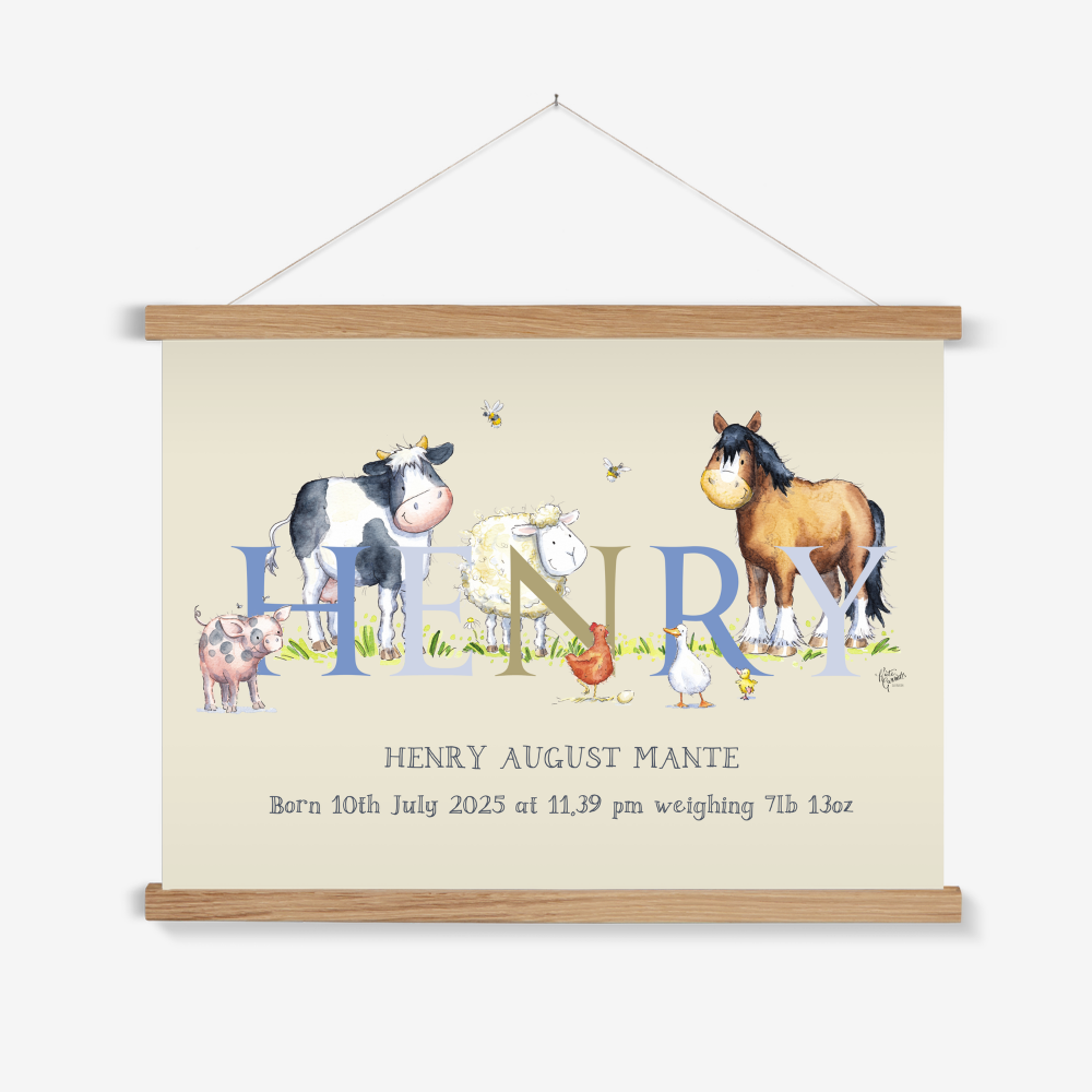 Personalised Farm Animal Name Print – Giclée Canvas with Wooden Hanger