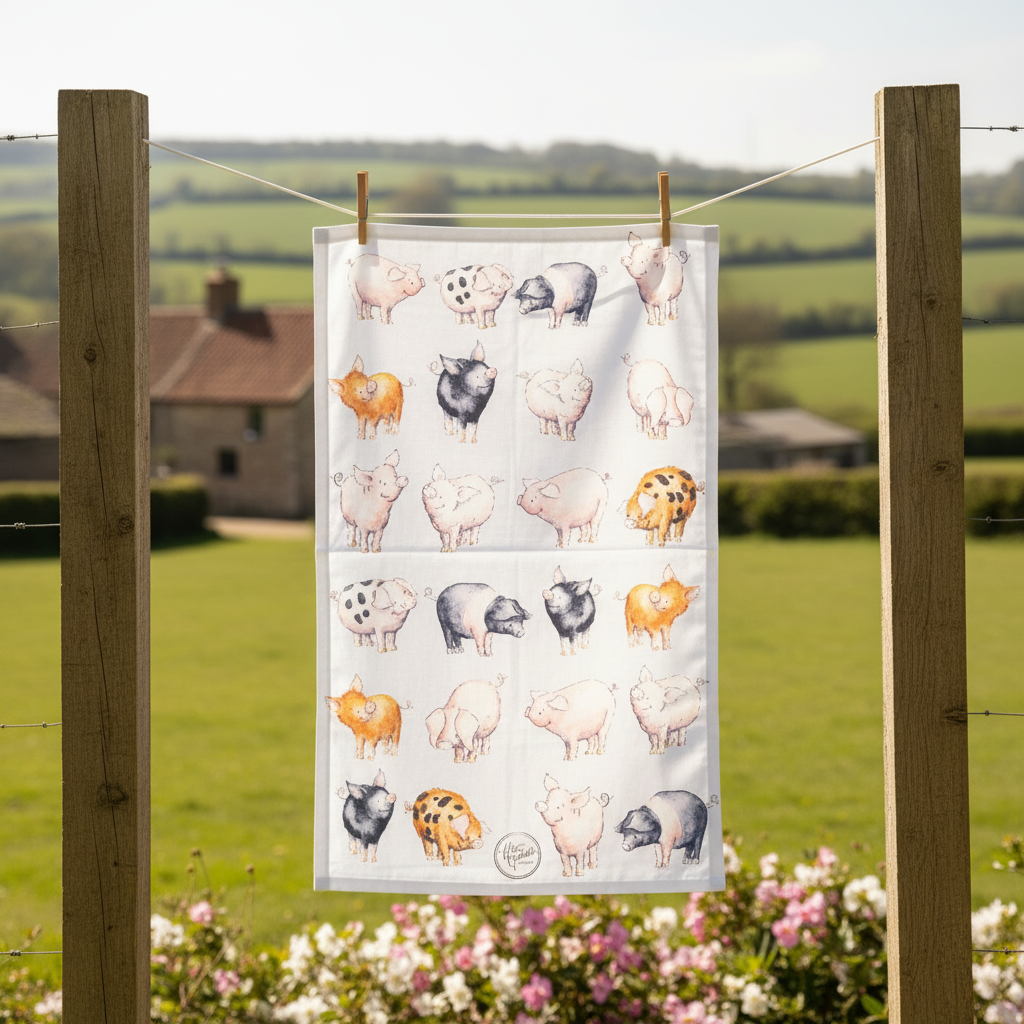 Pig Tea Towel – Farm Animal Kitchen Towel by Kate Garrett – Country Farmhouse Gift – Watercolour Pig Illustration