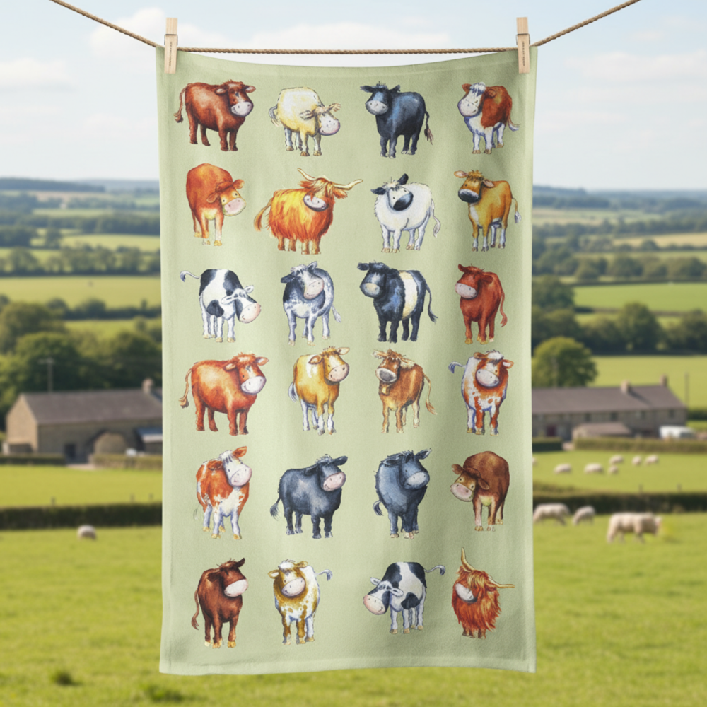 Cow breeds tea towel green