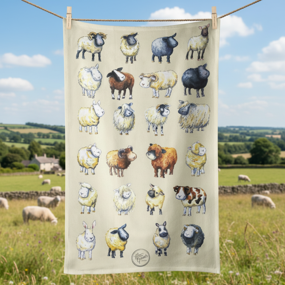 Sheep breeds tea towel cream or green