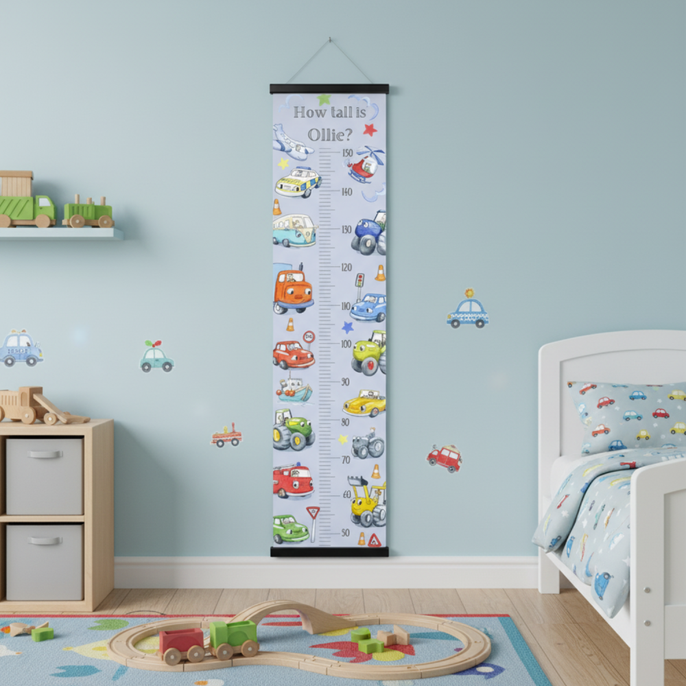 Vehicles Growth Chart - Personalised Height Tracker, blue Nursery Decor, cars, tractors and fire engine