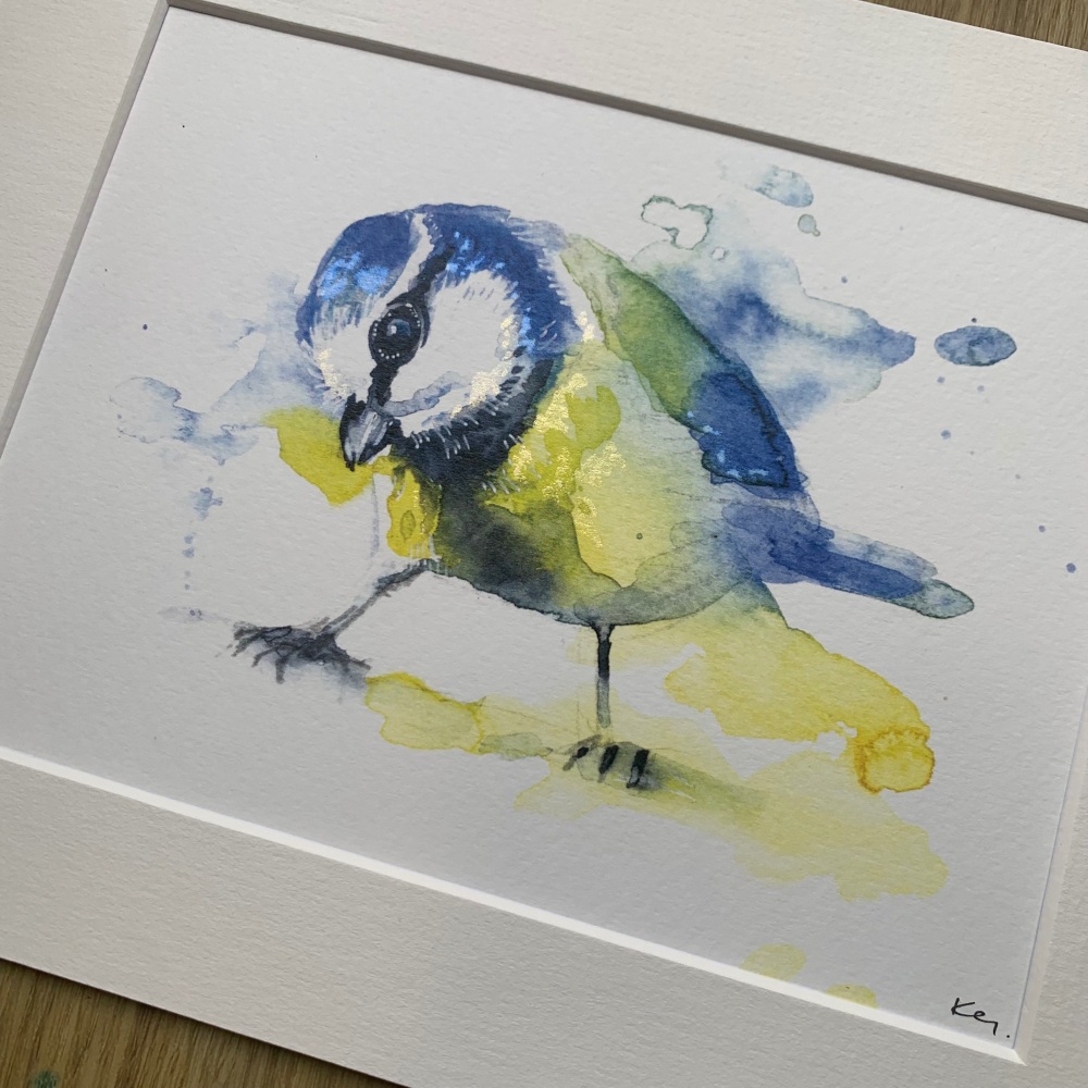 Blue tit watercolour print hand finished