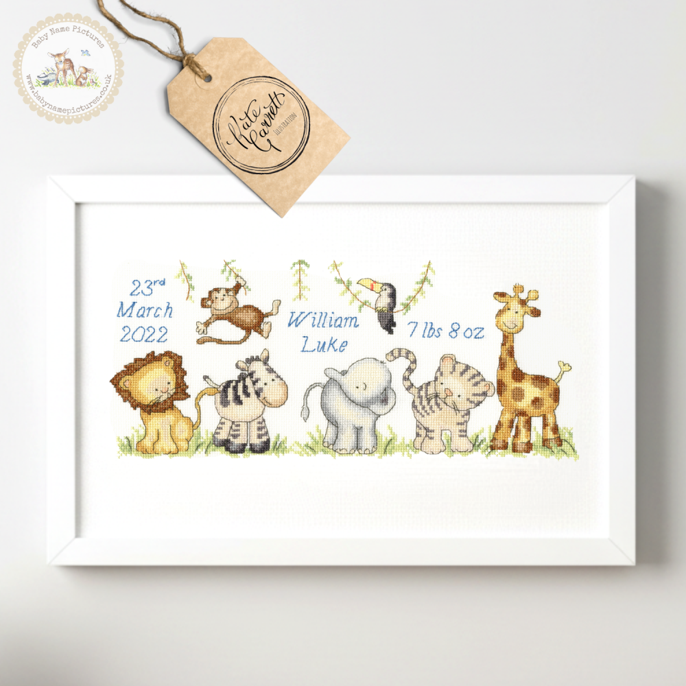 Jungle Welcome Personalized Jungle Animal Birth Sampler: Cross Stitch Kit with Alphabet