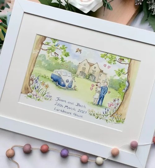 Custom wedding venue illustration in traditional watercolour