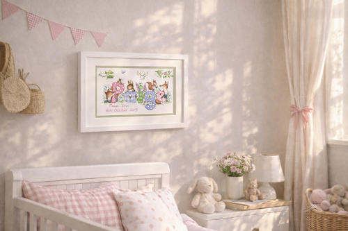 Personalised baby name painting in a white frame above a cot in a soft pink nursery with gingham curtains
