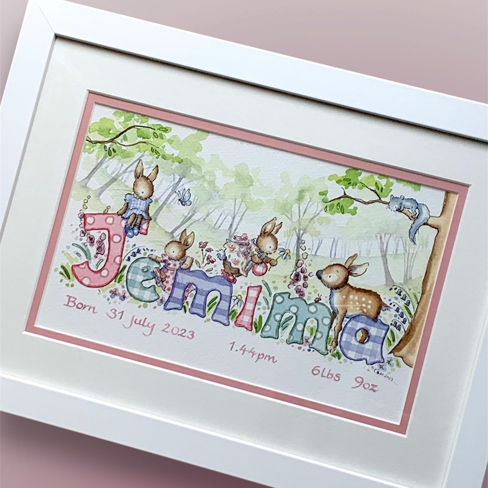 Watercolour squirrel and rabbit personalised nursery art