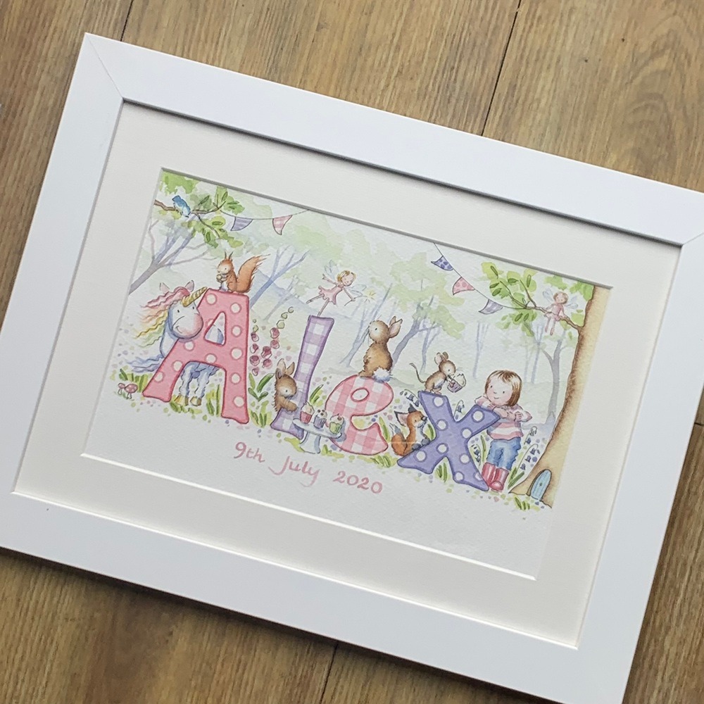 Wattercolour Unicorn,squirrel and rabbit personalised nursery art