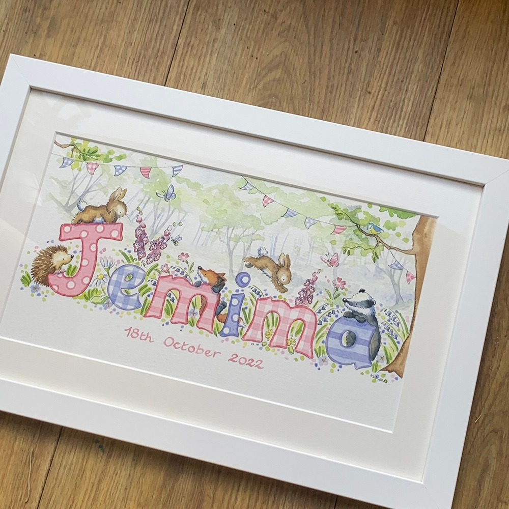 Bespoke woodland animals name painting for nursery wall