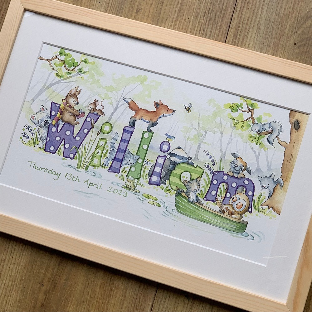Watercolour squirrel and rabbit personalised nursery art and the owl and the pussycat
