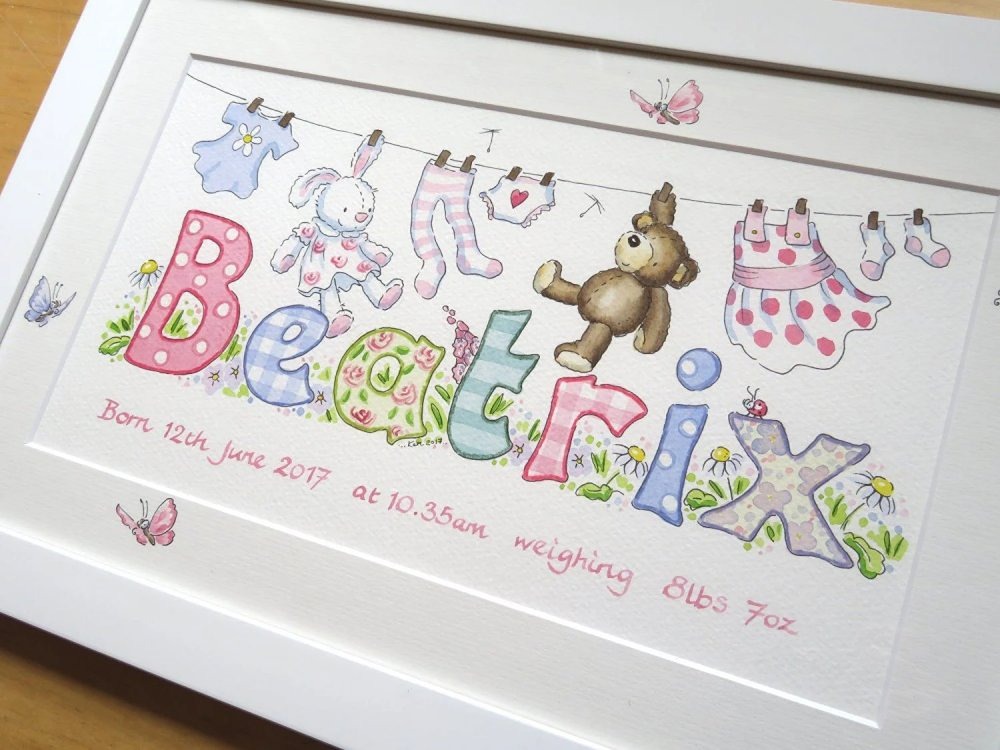 Personalised baby name picture featuring soft toy bear and pastel laundry design