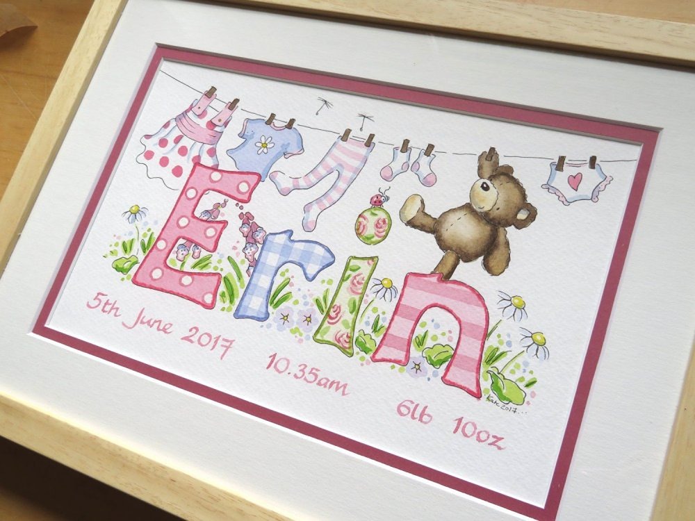 Watercolour baby laundry line with personalised name