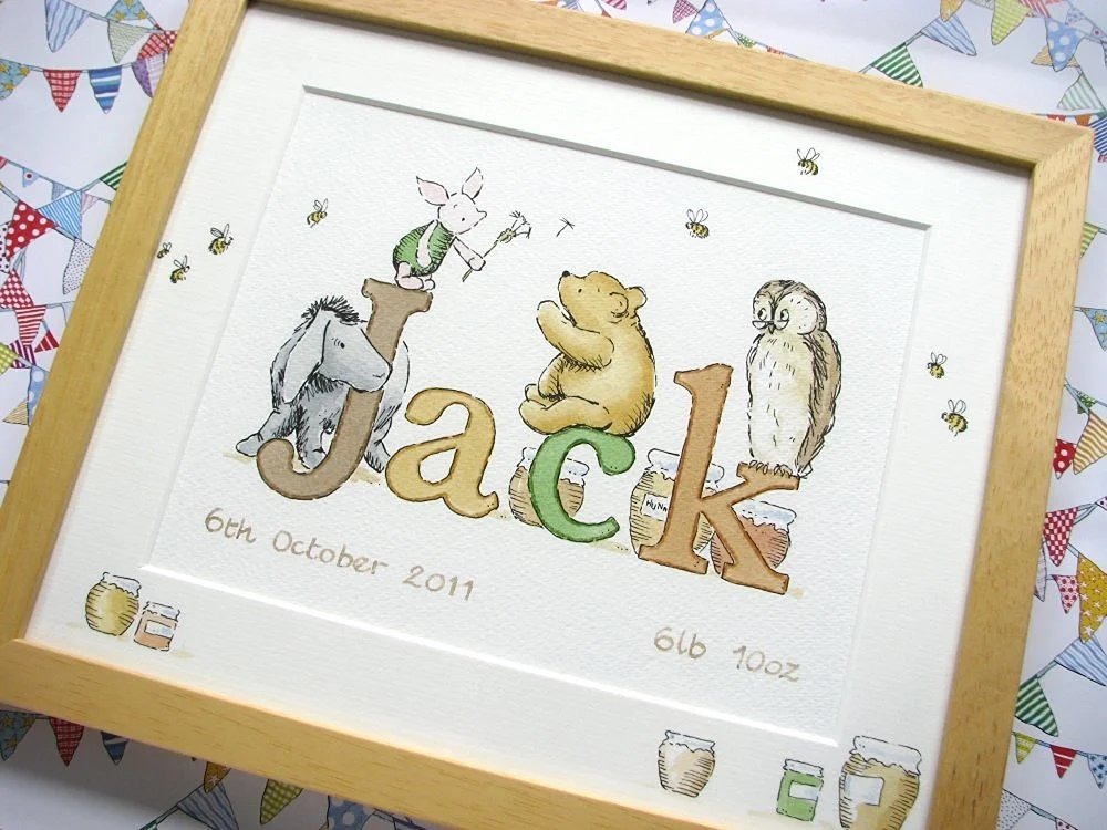 Traditional Winnie the Pooh style baby name picture for nursery wall