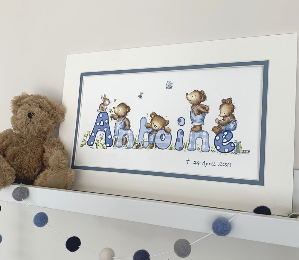 Storybook style nursery art with bear character and personalised name