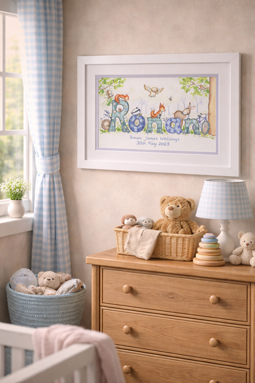 Personalised baby name art with fox and woodland flowers in rural nursery