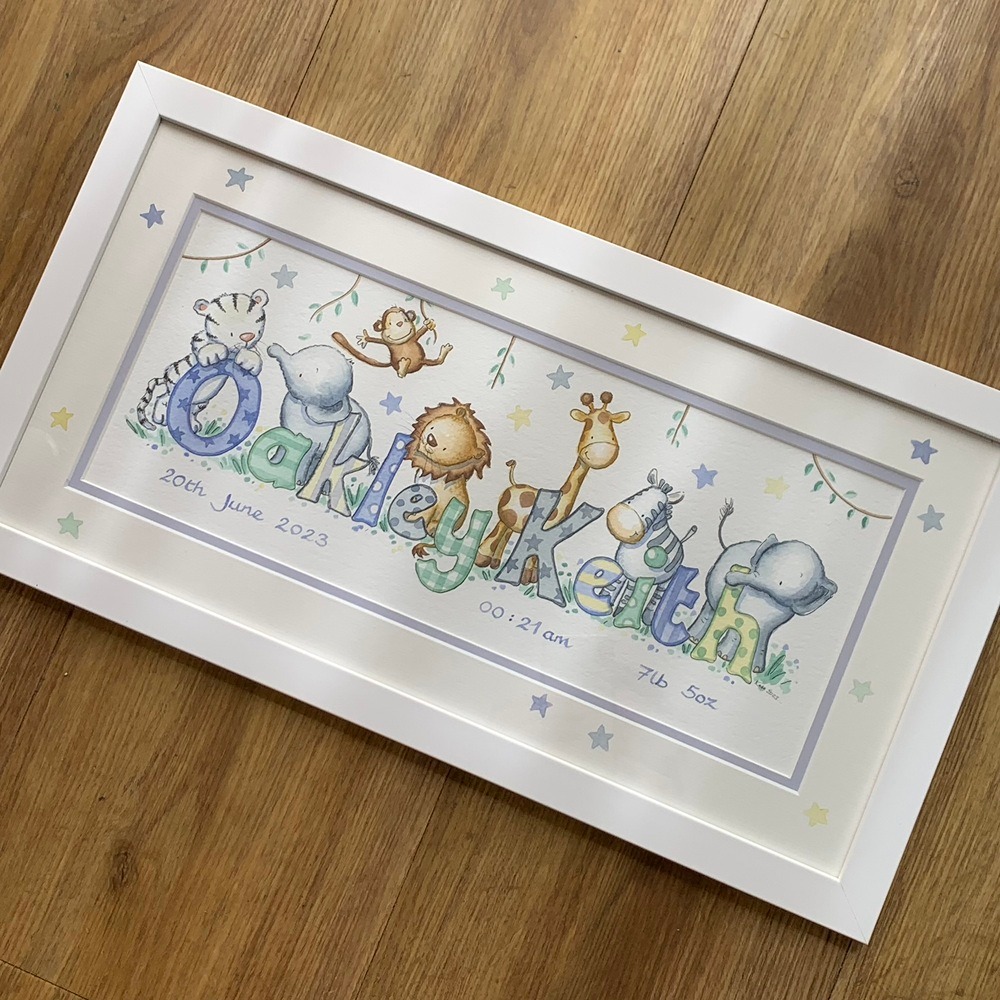 soft blue Safari themed baby name artwork with lion, giraffe and elephant
