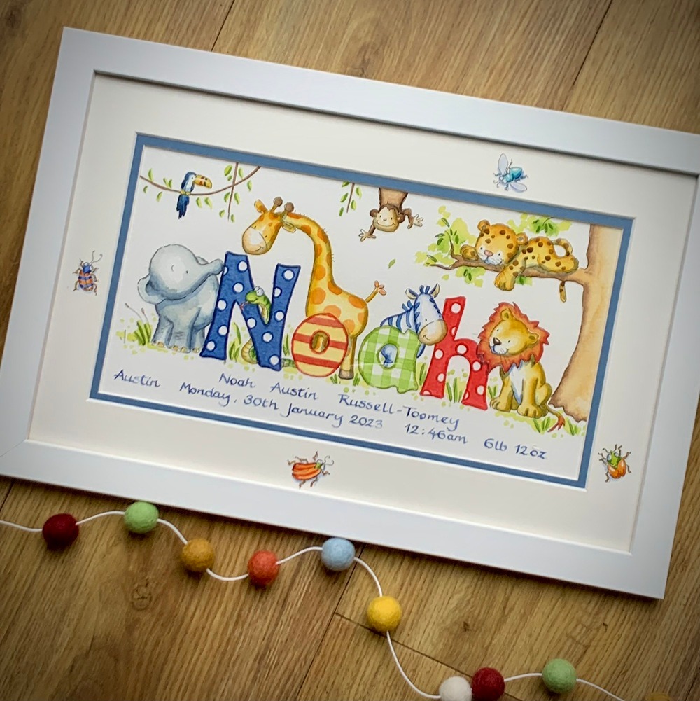 watercolour jungle baby wall art with giraffe and monkey