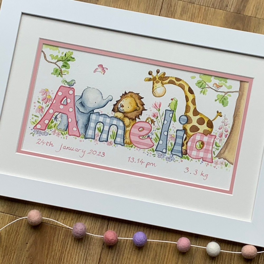 personalised jungle animal nursery art with lion and elephant