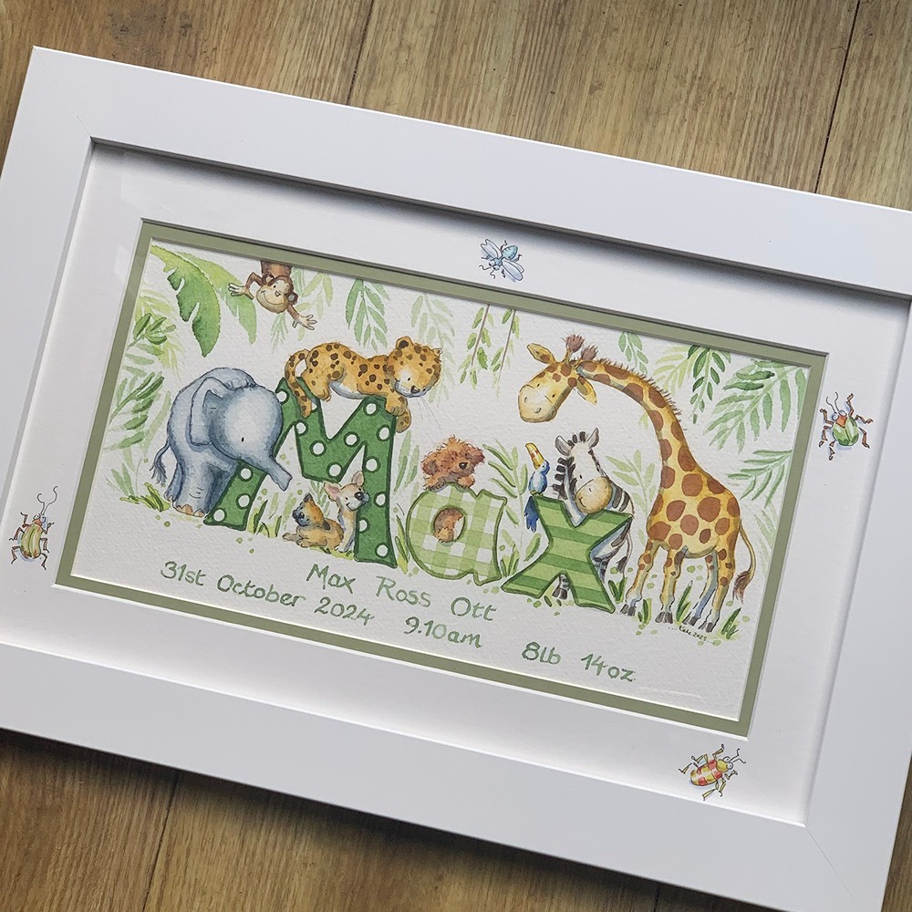 Jungle nursery wall art with playful animals and tropical leaves