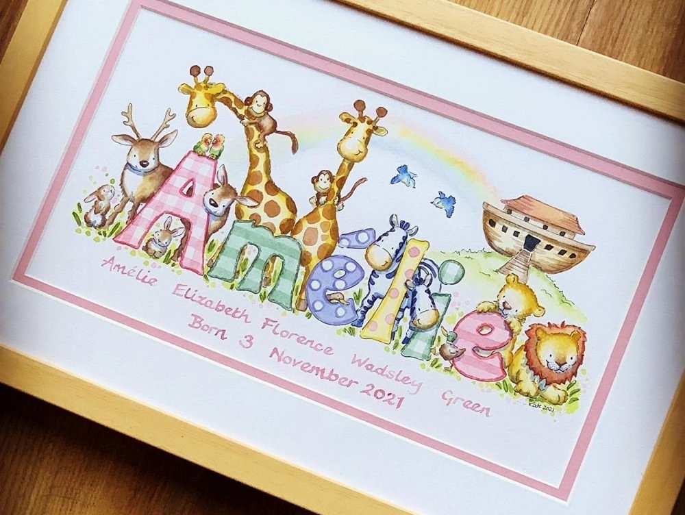 Hand painted Noah&acirc;s Ark baby name picture with traditional watercolour animals