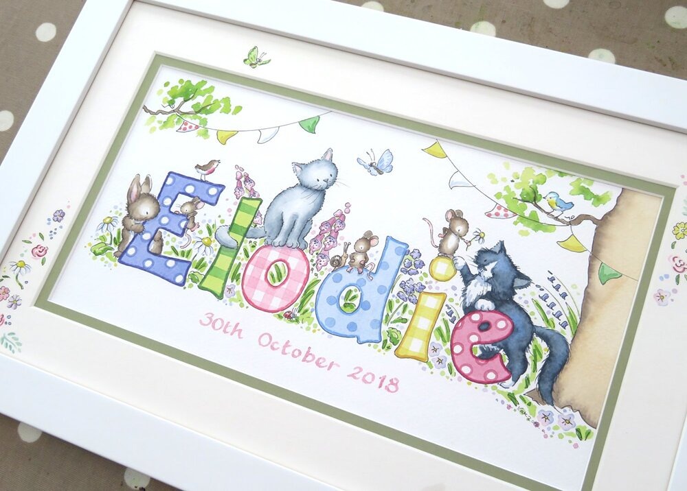 Traditional nursery styling with a luxury twist. This hand painted personalised name artwork brings countryside charm to a baby girlâs room. Perfect for those searching for bespoke baby gifts or unique nursery decor ideas UK.
