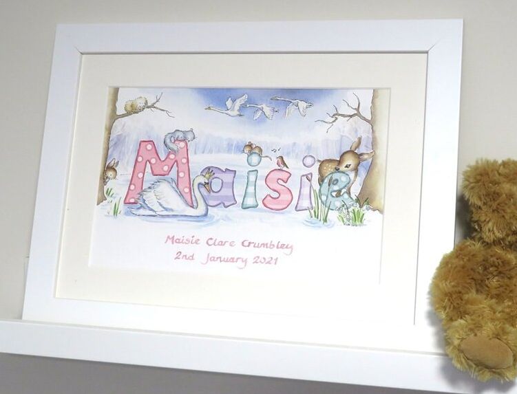 Swan lake themed baby nursery art with flying swans and woodland animals in soft watercolour