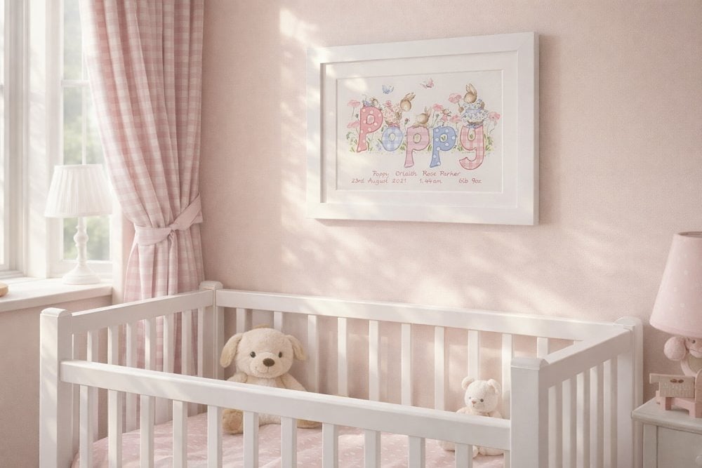 Bespoke baby girl name painting with bunnies and poppies in bright nursery