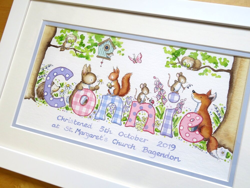 Bespoke woodland animals name painting for nursery wall with pets