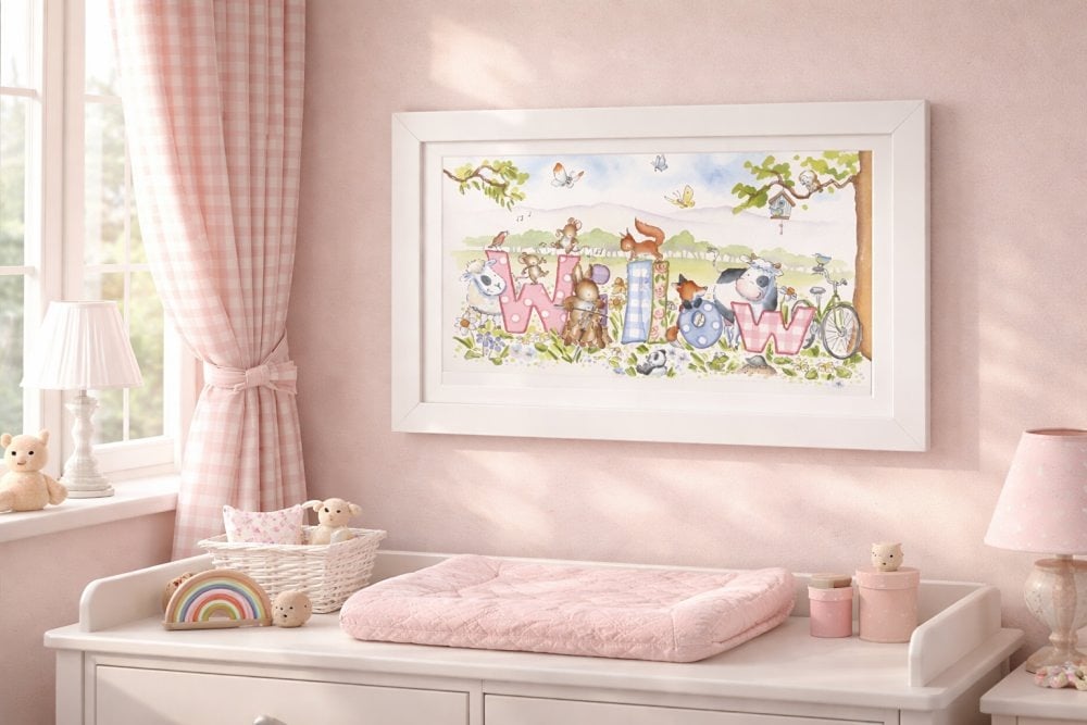 Luxury baby gift name picture with countryside animals in girls nursery setting
