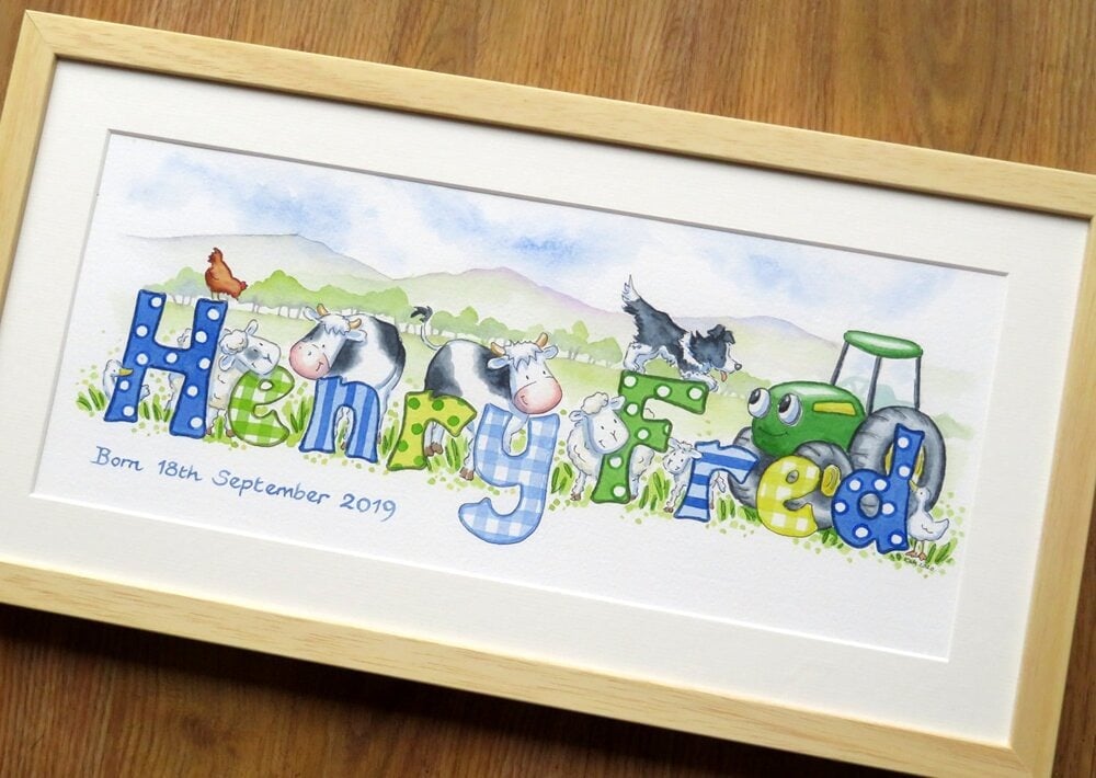 Safari themed baby name artwork with lion, giraffe and elephant