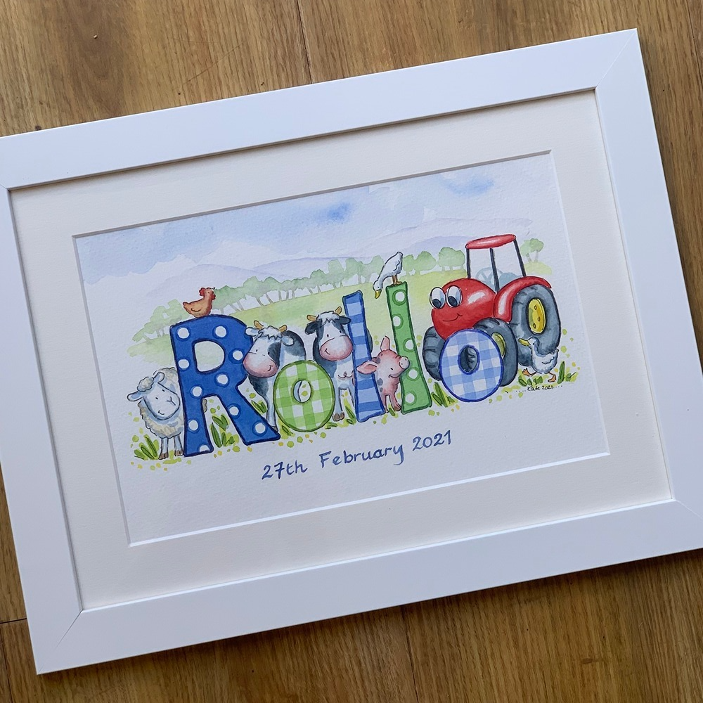 soft blue Safari themed baby name artwork with lion, giraffe and elephant