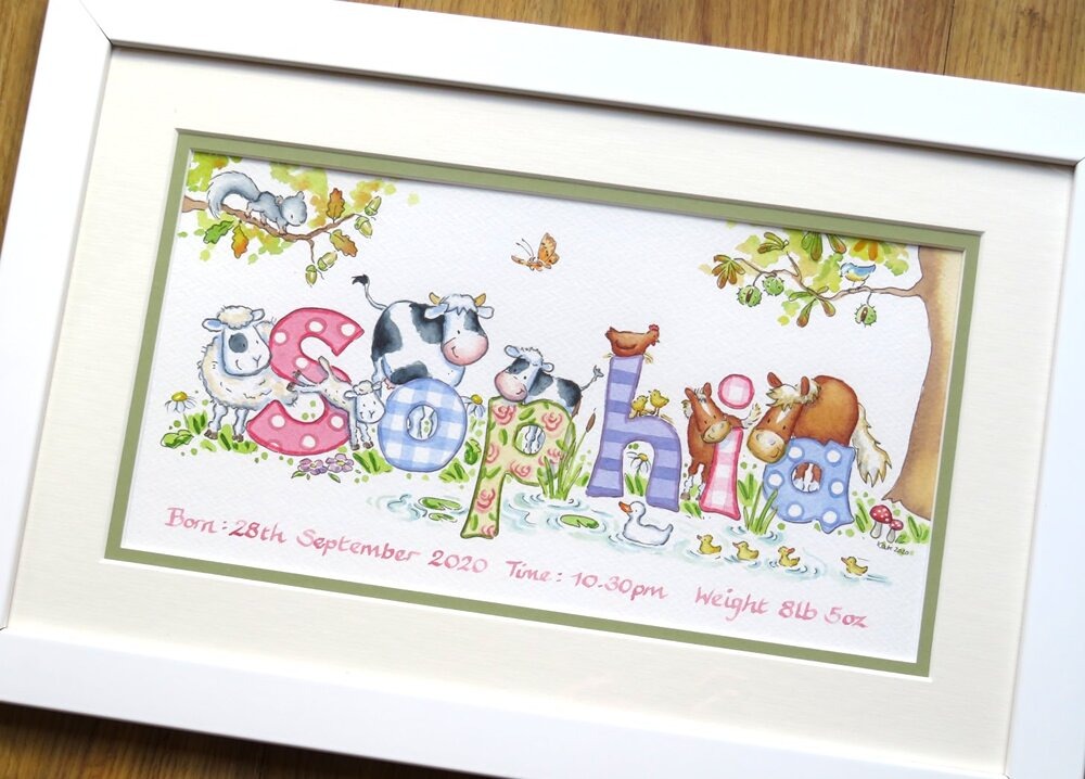 Hand painted Noahâs Ark baby name picture with traditional watercolour animals