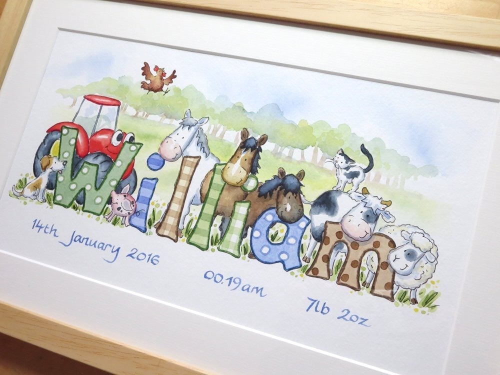 Personalised jungle nursery art including childâs pet cat in watercolour