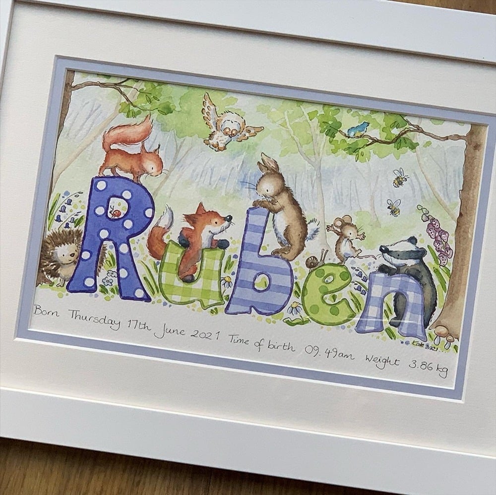 Classic forest and fishing themed baby wall art in watercolour