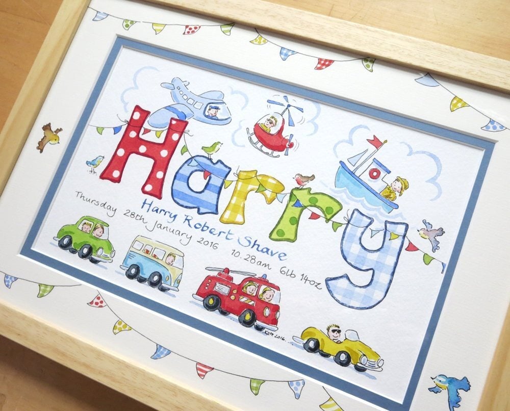 Personalised vehicle name painting with cars and tractors, framed nursery wall art