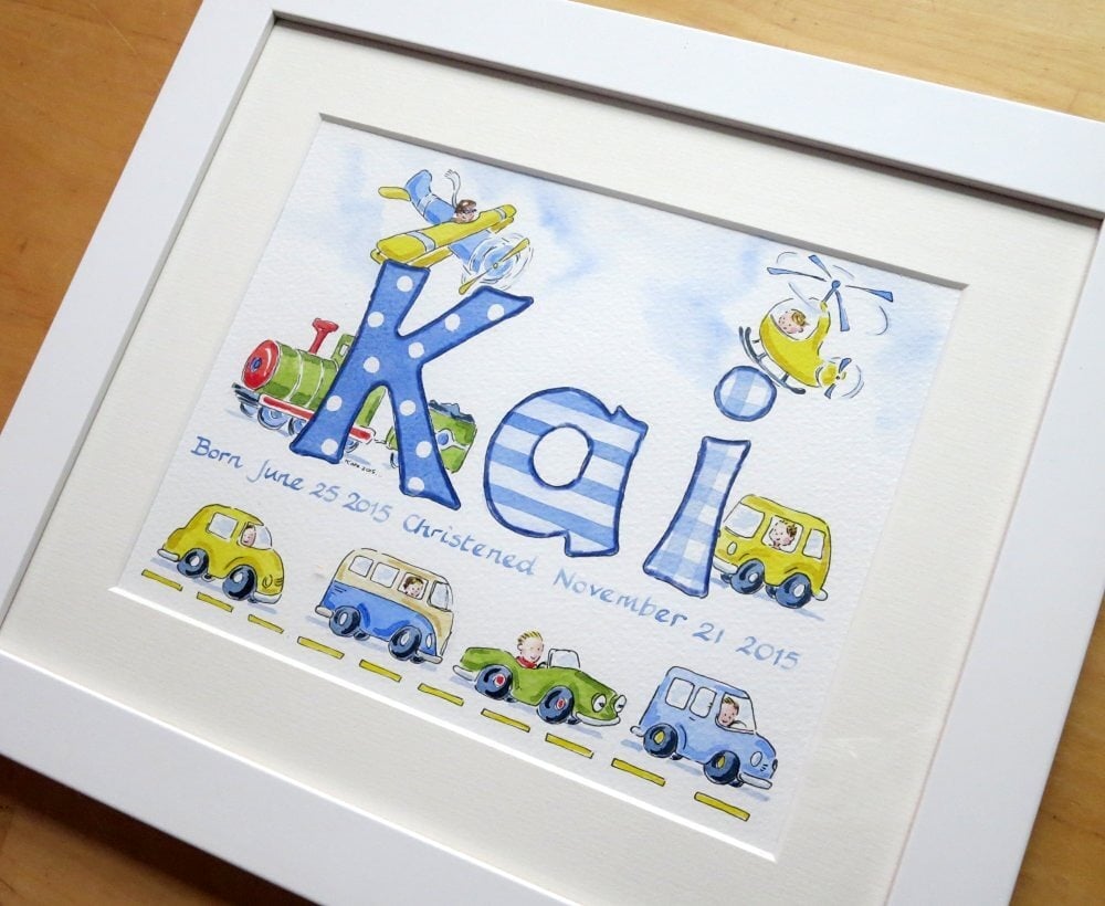 Hand painted style vehicle name picture with tiny driver details, luxury baby gift